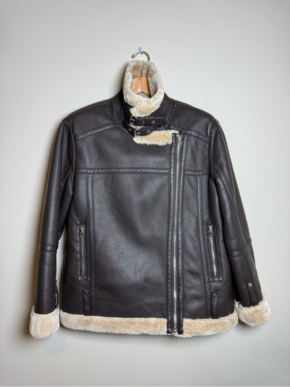 Topshop | Faux Shearling Aviator Jacket Biker Moto Coat | Brown | Size US S UK 8